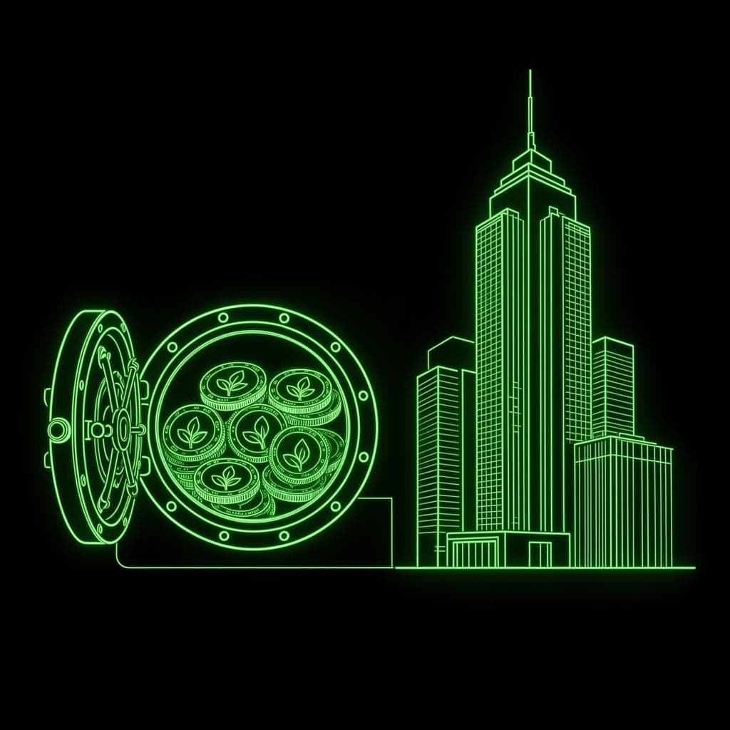 Vault with leaf-stamped coins next to corporate skyscraper, representing value concentration